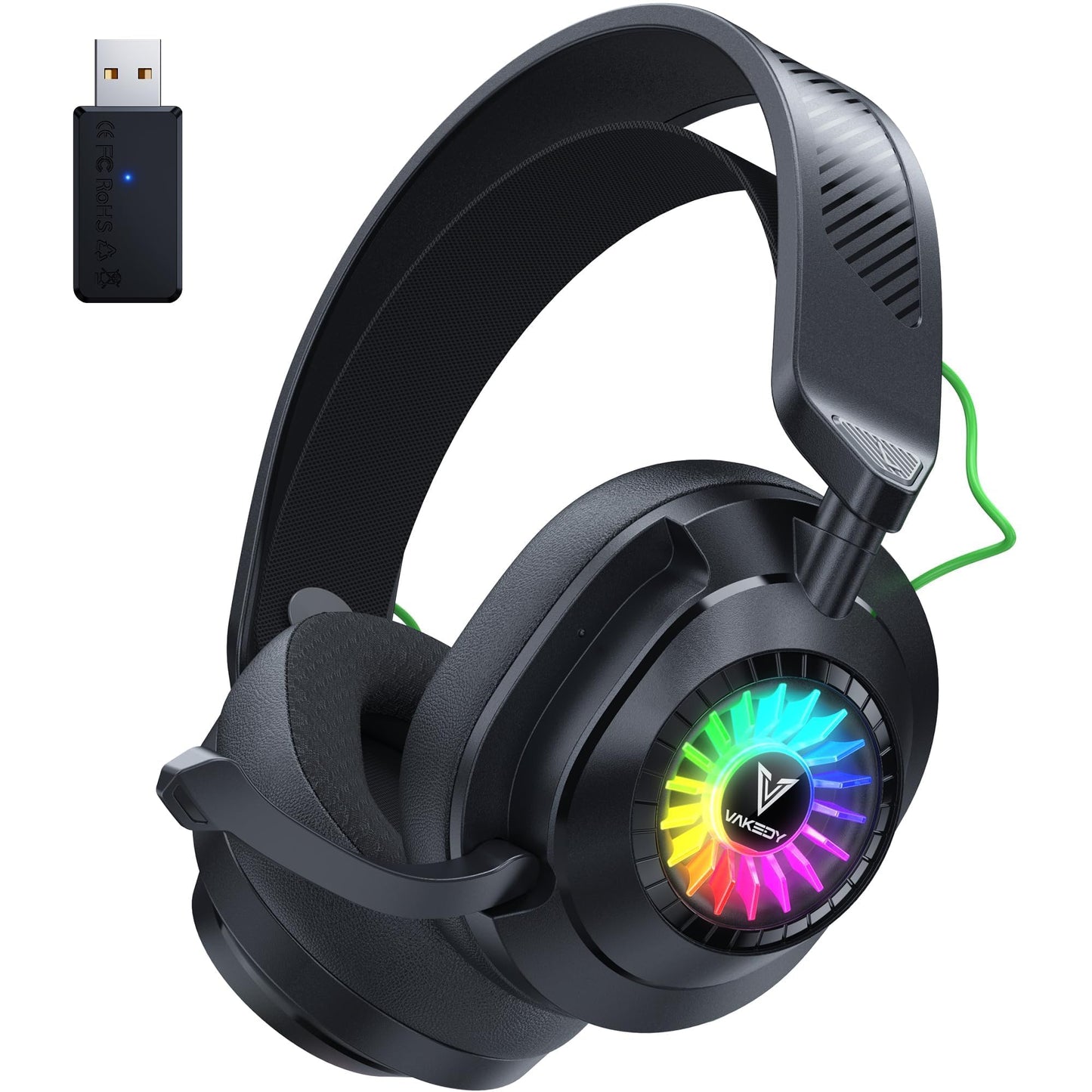 HW10 Wireless Gaming Headset for PS5,PS4,PC,2.4GHz Bluetooth Gaming Headphones with Noise Cancelling Microphone,50Hr Battery Gamer Headset for Switch, Laptop,Mobile,Mac,Cool RGB (Black/Green)