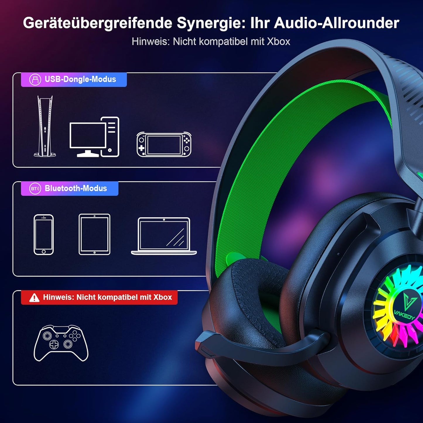 HW10 Wireless Gaming Headset for PS5,PS4,PC,2.4GHz Bluetooth Gaming Headphones with Noise Cancelling Microphone,50Hr Battery Gamer Headset for Switch, Laptop,Mobile,Mac,Cool RGB (Black/Green)