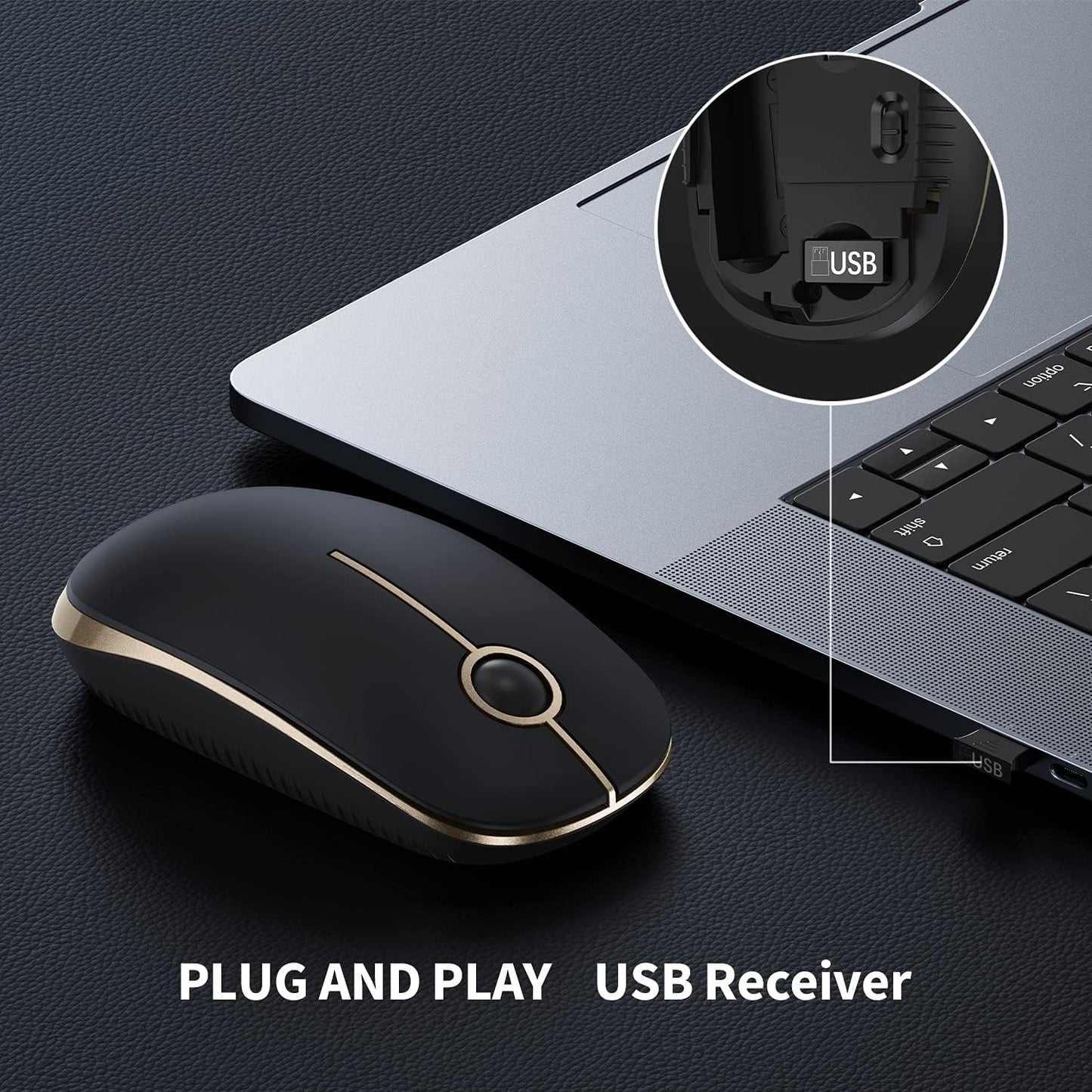 Vssoplor Wireless Mouse, 2.4G Slim Portable Computer Laptop Mouse with Nano Receiver Quiet Silent Optical Mice for Notebook, PC, Laptop, Computer-Black and Gold