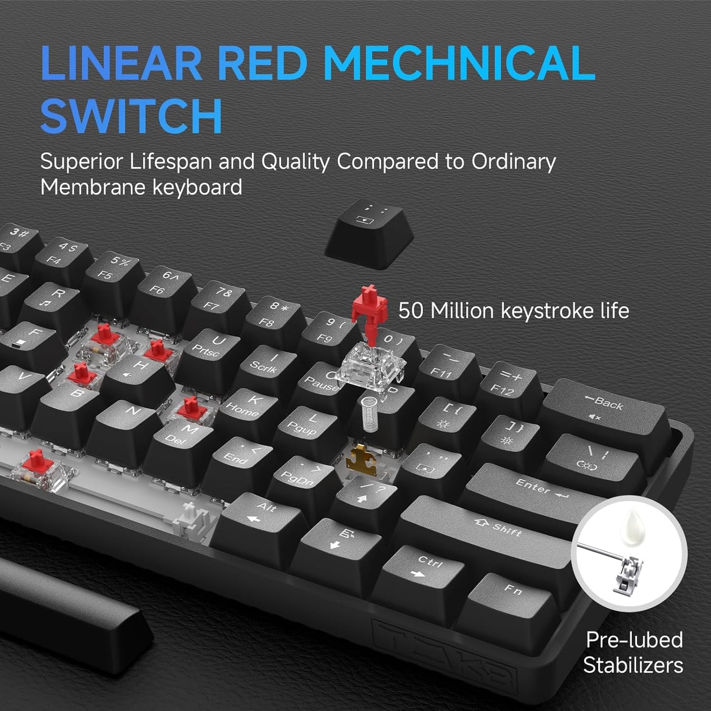 TMKB T61SE 60% Mechanical Gaming Keyboard, Linear Red Switch, LED Backlit, Double-Shot keycap, Anti-Ghosting, Detachable USB-C, Wired Computer Keyboard for Windows Laptop PC Gamer Typist, Black