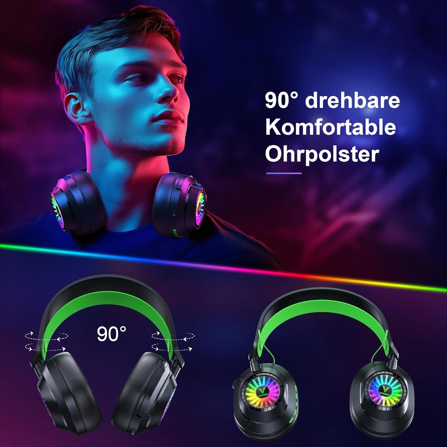 HW10 Wireless Gaming Headset for PS5,PS4,PC,2.4GHz Bluetooth Gaming Headphones with Noise Cancelling Microphone,50Hr Battery Gamer Headset for Switch, Laptop,Mobile,Mac,Cool RGB (Black/Green)