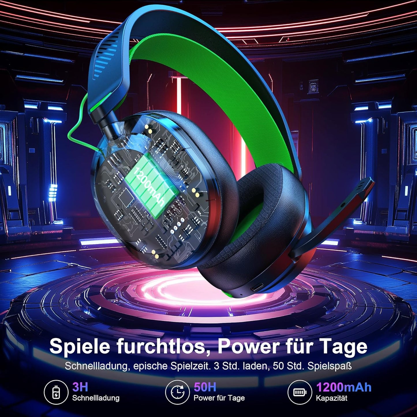 HW10 Wireless Gaming Headset for PS5,PS4,PC,2.4GHz Bluetooth Gaming Headphones with Noise Cancelling Microphone,50Hr Battery Gamer Headset for Switch, Laptop,Mobile,Mac,Cool RGB (Black/Green)