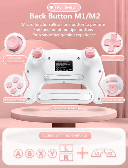 Matbip Wireless Pro Controller for Switch/Switch 2/Switch Lite/Switch OLED, wireless controller for switch with 2 back buttons, 3-level TURBO adjustable (Pink)