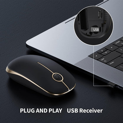 Vssoplor Wireless Mouse, 2.4G Slim Portable Computer Laptop Mouse with Nano Receiver Quiet Silent Optical Mice for Notebook, PC, Laptop, Computer-Black and Gold