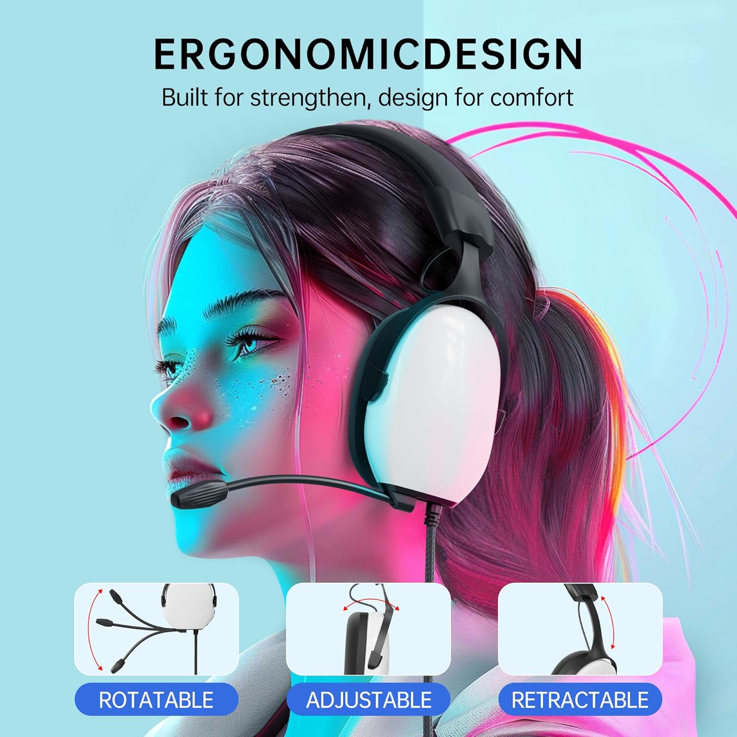 Gaming Headsets with Mic for Xbox,PS4,PS5,Switch,PC,7.1 Surround Sound Gmaing Headphones with Noise Cancelling Microphone,50MM Dynamic Drivers, 3.5MM Audio Jack-White