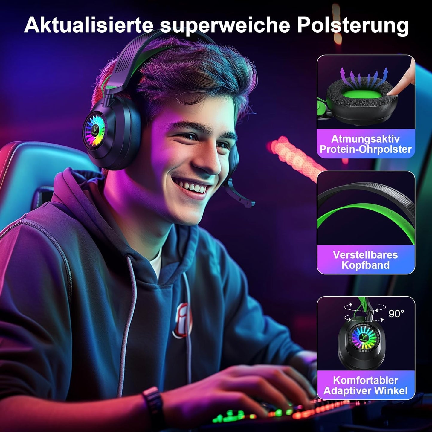 HW10 Wireless Gaming Headset for PS5,PS4,PC,2.4GHz Bluetooth Gaming Headphones with Noise Cancelling Microphone,50Hr Battery Gamer Headset for Switch, Laptop,Mobile,Mac,Cool RGB (Black/Green)