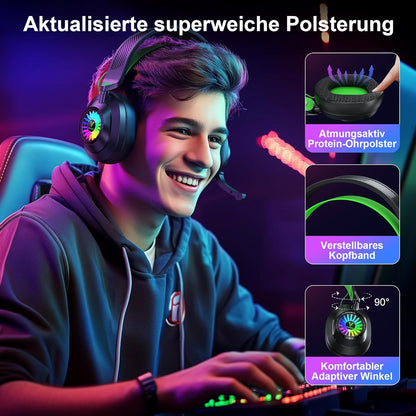 HW10 Wireless Gaming Headset for PS5,PS4,PC,2.4GHz Bluetooth Gaming Headphones with Noise Cancelling Microphone,50Hr Battery Gamer Headset for Switch, Laptop,Mobile,Mac,Cool RGB (Black/Green)