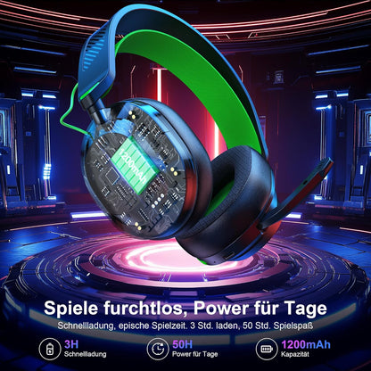 HW10 Wireless Gaming Headset for PS5,PS4,PC,2.4GHz Bluetooth Gaming Headphones with Noise Cancelling Microphone,50Hr Battery Gamer Headset for Switch, Laptop,Mobile,Mac,Cool RGB (Black/Green)